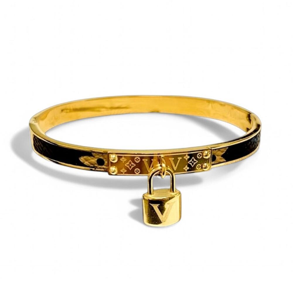Designer Inspired Gold and Brown Designer Padlock Bangle Bracelet
